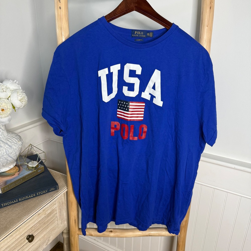 Polo Ralph Lauren Mens USA Flag Graphic T-Shirt Royal Blue XXL Classic Fit